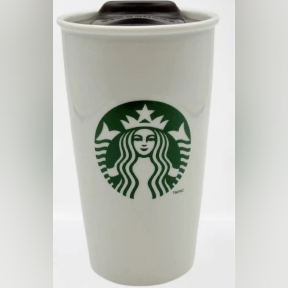 2011 Starbucks Classic Double Wall White Ceramic Travel Coffee Mug & Lid 12oz
